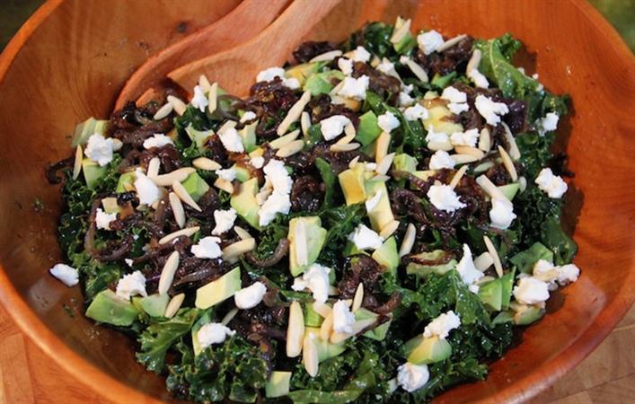 Kale Salad with Caramelized Onion, Goat Cheese & Avocado