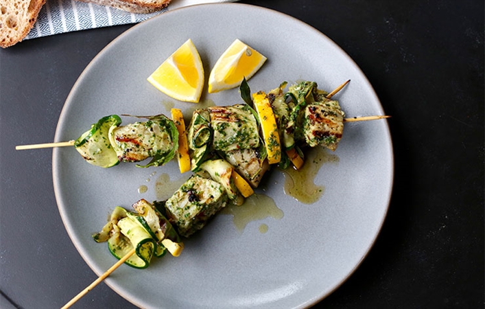 Grilled Swordfish Skewers with Zucchini, Lemon and Bay
