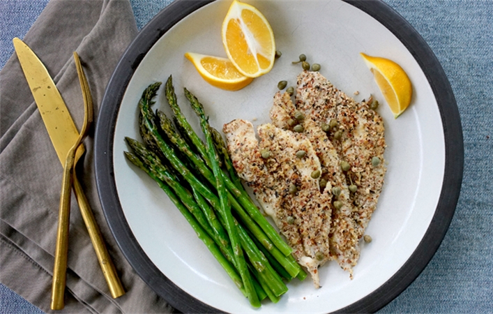 Almond-Crusted Petrale Sole with Roasted Asparagus