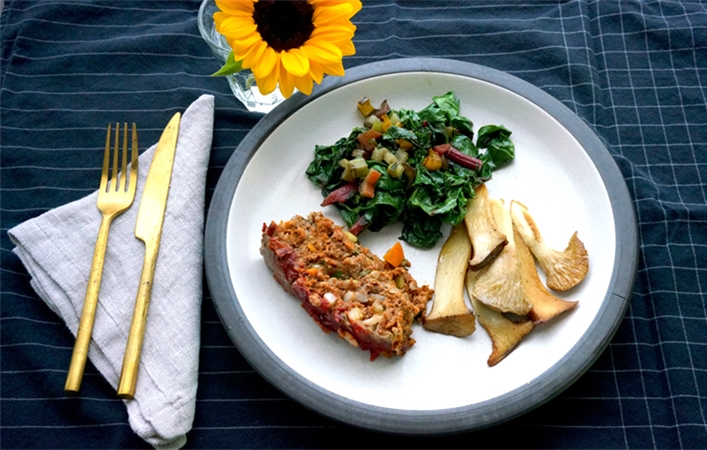 Meatloaf with Fried King Oyster Mushrooms & Sautéed Chard