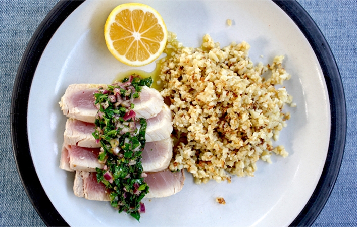 Seared Tuna with Green Relish & Cauliflower Rice